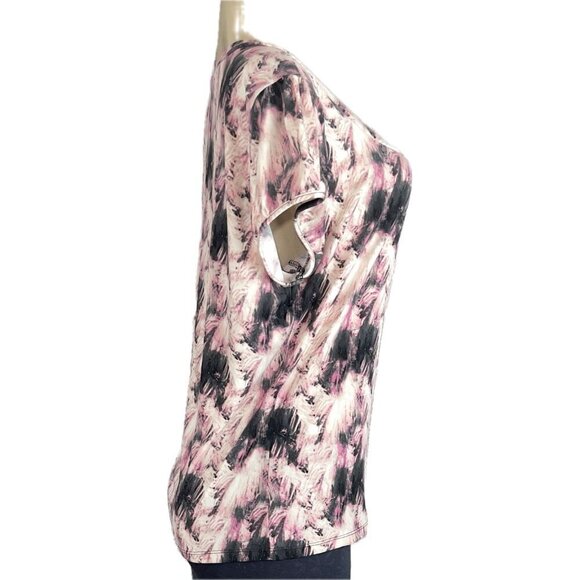 Worthington L Pink-Black-Cream Splash Print Scoop Neckline Short Sleeve Blouse - Picture 3 of 6